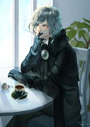  +_+ 1boy black_gloves chair cigarette cloak coffee coffee_mug collared_shirt commentary_request crossed_legs cup edmond_dantes_(fate) fate/grand_order fate_(series) gloves highres long_sleeves looking_at_viewer medallion mug plant potted_plant shirt sitting smoking spoon sugar_cube sugar_tongs symbol-shaped_pupils wa_(87s-87) white_hair yellow_eyes 