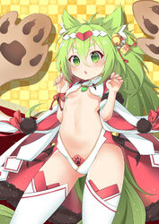  animal_ear_fluff animal_ears azur_lane bell blush breasts center_opening checkered_background claw_pose commentary_request female fingernails fur_trim green_eyes green_hair green_tail hair_bell hair_ornament hands_up isokaze_(azur_lane) isokaze_(new_year&#039;s_campaign)_(azur_lane) jingle_bell leotard long_hair navel official_alternate_costume parted_lips shiruko_(27anko) short_sleeves small_breasts solo tail thighhighs very_long_hair white_leotard white_thighhighs wide_sleeves 