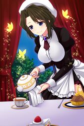  blue_eyes brown_hair bug butterfly cake commentary_request cup curtains female food fork fruit hat highres juliet_sleeves long_sleeves maid pouring puffy_sleeves shannon_(umineko) smile sparkle strawberry tea teacup teapot umineko_no_naku_koro_ni uzu_hi 