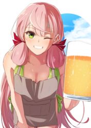  akashi_(kancolle) akashi_(swimsuit_mode)_(kancolle) alcohol apron bad_id bad_pixiv_id bandana beer beer_mug bikini breasts cleavage commentary_request cup drinking_glass female furo_(harirate) green_eyes hair_ribbon holding holding_cup kantai_collection leaning_forward long_hair looking_at_viewer mug one_eye_closed pink_hair ribbon smile solo swimsuit tress_ribbon very_long_hair 