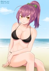  &gt;:) beach bikini black_bikini blush bow breasts collarbone commentary_request dated day female green_bow hairbow ibuki_imina large_breasts long_hair looking_at_viewer ocean outdoors ponytail purple_hair school_girl_strikers shimeta_hiromitsu sitting sky smirk solo swimsuit twitter_username v-shaped_eyebrows yellow_eyes 