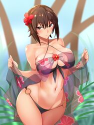  baron_(nsbaron) bikini black_bikini breasts brown_eyes brown_hair cleavage closed_mouth commentary_request cowboy_shot female flower front-tie_top girls_und_panzer hair_flower hair_ornament hibiscus large_breasts looking_at_viewer navel nishizumi_maho o-ring o-ring_bikini o-ring_bottom see-through short_hair solo standing swimsuit 