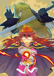  1boy :o armor back-to-back belt blonde_hair blue_eyes blush brown_background cape commentary_request earrings female fingerless_gloves gloves gourry_gabriev highres jewelry lina_inverse long_hair looking_back luo. magic orange_hair pauldrons shoulder_armor slayers smile sword v weapon 