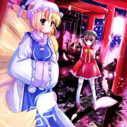  2girls animal_ears blonde_hair brown_hair cat_ears chen commentary_request dress fox_tail hands_in_opposite_sleeves highres kuze_matsuri multiple_girls multiple_tails multiple_torii orange_eyes short_hair stone_lantern tail torii touhou yakumo_ran 