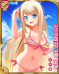  +_+ beach bikini blonde_hair blue_eyes card_(medium) card_parody character_name chloe_lemaire cinderella_girls_card_parody commentary_request female girlfriend_(kari) kurorettsu long_hair smile solo swimsuit 