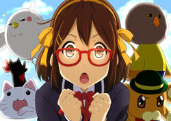  bespectacled bird blue_sky bonta-kun bow bowtie brown_eyes brown_hair chuunibyou_demo_koi_ga_shitai! clenched_hands close-up commentary_request company_connection crossover day dera_mochimazzui feline female free! full_metal_panic full_metal_panic?_fumoffu fusion glasses hairband hirasawa_yui hyouka icho_private_high_school_uniform iwatobi-chan k-on! kyoto_animation kyoukai_no_kanata looking_at_viewer lucky_star monster nichijou nyamou oku_no_shi open_mouth red-framed_eyewear red_bow red_bowtie sakamoto_(nichijou) school_uniform short_hair sky suzumiya_haruhi_no_yuuutsu tamako_market upper_body watashi_kininarimasu 