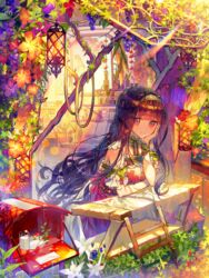  berry black_hair book brown_hair commentary_request cup day dress envelope female flower glass hand_on_own_face hayanse highres lantern leaning_forward long_hair looking_at_viewer milk open_book orange_flower original solo sunlight sunset very_long_hair white_dress white_flower 