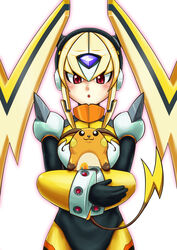  10s :3 android black_gloves blonde_hair blush bodysuit capcom crossover forehead_jewel gen_1_pokemon gloves helmet holding holding_pokemon isitubute looking_up open_mouth oro_s pokemon pokemon_(creature) raichu red_eyes robot_ears rockman rockman_xover shoulder_spikes sidelocks tail upper_body white_background 