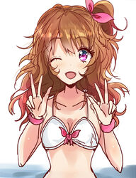  ;d aikatsu! aikatsu!_(series) bare_shoulders bikini blush breasts brown_hair cleavage collarbone commentary_request double_w female hair_between_eyes hair_ribbon haru_(nature_life) heart long_fingers long_hair looking_at_viewer medium_breasts one_eye_closed one_side_up open_mouth ozora_akari pink_ribbon pink_scrunchie purple_eyes ribbon scrunchie smile solo swimsuit w white_background white_bikini wrist_scrunchie 