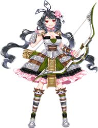  :d arrow_(projectile) black_hair bow_(weapon) breasts cleavage drill_hair female flower full_body hair_flower hair_ornament hand_up holding holding_bow_(weapon) holding_weapon komakiyama_(oshiro_project) large_breasts official_art open_mouth oshiro_project:re quiver red_eyes ririkuto skirt sleeve_cuffs sleeveless smile solo transparent_background twin_drills twintails v-shaped_eyebrows wavy_hair weapon 