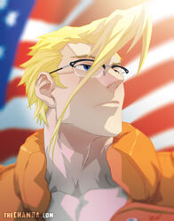  american_flag blonde_hair blue_eyes charlie_nash flag_background glasses jeffrey_cruz male_focus over-rim_eyewear pompadour portrait semi-rimless_eyewear solo street_fighter street_fighter_zero_(series) vest 