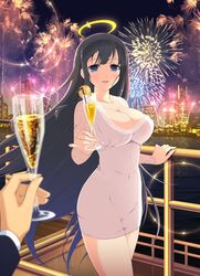  alcohol black_hair blue_eyes breasts champagne champagne_flute city city_lights cleavage commentary_request covered_navel cup dress drink drinking_glass drinking_straw female fireworks halo holding holding_cup jewelry large_breasts long_hair looking_at_viewer necklace night official_art open_mouth ryouki_(senran_kagura) senran_kagura senran_kagura_new_wave smile solo_focus third-party_source very_long_hair yaegashi_nan 