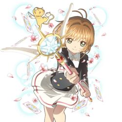  antenna_hair ascot bad_link brown_hair card card_(medium) cardcaptor_sakura cherry_blossoms clear_card closed_mouth female flower green_eyes hair_intakes holding holding_wand kero_(cardcaptor_sakura) kinomoto_sakura leaning_forward long_sleeves looking_at_viewer official_art petals pink_flower school_uniform short_hair skirt smile sparkle tomoeda_middle_school_uniform transparent_background two-handed uchi_no_hime-sama_ga_ichiban_kawaii wand white_skirt yume_no_tsue 