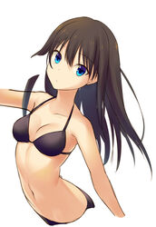  bikini black_bikini black_hair breasts commentary_request female idolmaster idolmaster_cinderella_girls long_hair mashima_(sumachi) medium_breasts shibuya_rin simple_background solo swimsuit white_background 