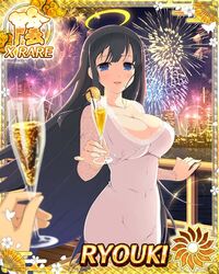  alcohol black_hair blue_eyes breasts card_(medium) champagne champagne_flute character_name city city_lights cleavage commentary_request covered_navel cup dress drink drinking_glass drinking_straw female fireworks halo holding holding_cup jewelry large_breasts long_hair looking_at_viewer necklace night official_art open_mouth ryouki_(senran_kagura) senran_kagura senran_kagura_new_wave smile solo_focus third-party_source trading_card very_long_hair yaegashi_nan 