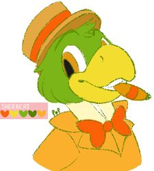  2017 anthro avian beak bird blushbaker bow_(feature) bow_tie bust_portrait cigar clothing disney feathers green_body green_feathers grin hat head_tuft headgear headwear jose_carioca orange_eyes parrot pork_pie_hat portrait restricted_palette signature simple_background smile solo the_three_caballeros tuft white_background yellow_beak 