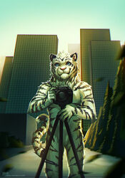  5_fingers anthro blue_eyes canon_(company) city day detailed_background digital_media_(artwork) felid fingers fur male mammal outside pantherine reilukah shaded solo striped_body striped_fur stripes tiger white_body white_fur 