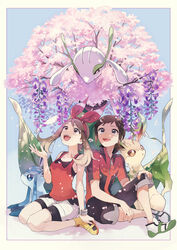  1boy :d bike_shorts black_shorts bow_hairband bracelet brendan_(pokemon) brown_eyes brown_hair collarbone commentary_request female floating_hair florges florges_(white_flower) glaceon hair_ribbon hairband hand_on_own_knee highres jacket jewelry leafeon long_hair looking_up may_(pokemon) open_mouth pokemon pokemon_(creature) pokemon_oras red_hairband red_jacket red_ribbon red_shirt ribbon shirt short_shorts short_sleeves shorts shorts_under_shorts sitting sleeveless sleeveless_shirt smile striped striped_ribbon wariza white_shorts yukin_(es) 