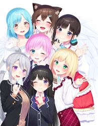  1boy 6+girls angel_wings animal_ears bare_shoulders black_hair black_jacket blonde_hair blue_eyes blue_hair blush bow bowtie braid breasts brown_hair buttons cardigan cat_ears closed_eyes closed_mouth collarbone collared_shirt commentary detached_collar dress fangs feathered_wings french_braid frills fumino_tamaki fumino_tamaki_(1st_costume) gloves green_eyes grey_eyes grey_hair hair_ornament hair_scrunchie hand_up highres higuchi_kaede higuchi_kaede_(1st_costume) index_finger_raised jacket light_blue_hair long_dress long_sleeves moira_(1st_costume)_(nijisanji) moira_(nijisanji) mole mole_on_breast mole_under_eye mole_under_mouth multiple_girls nezumidoshi nijisanji one_eye_closed open_clothes open_jacket open_mouth otoko_no_ko pink_hair purple_eyes red_dress round_teeth school_uniform scrunchie see-through shirt short_hair sidelocks smile suzuka_utako suzuka_utako_(1st_costume) suzuya_aki suzuya_aki_(1st_costume) teeth tied_hair tsukino_mito tsukino_mito_(1st_costume) v virtual_youtuber white_dress white_gloves wings yellow_eyes yuuhi_riri yuuhi_riri_(1st_costume) 