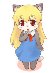  akuma_gaoru animal_ear_fluff animal_ears animal_nose bad_id bad_pixiv_id blonde_hair blue_dress blush body_fur bow claws dress female full_body furry furry_female futaba_channel grey_fur hair_between_eyes looking_at_viewer mizuki_kotora oerba_yun_fang open_mouth photoshop_(medium) red_bow solo standing tail two-tone_fur 