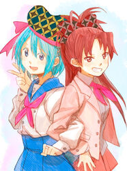  2girls adapted_costume blue_eyes blue_hair blush bow check_commentary commentary_request cosplay fukutarou_(enji127) grin hat jacket locked_arms long_hair mahou_shoujo_madoka_magica mahou_shoujo_madoka_magica_(anime) miki_sayaka multiple_girls oktavia_von_seckendorff oktavia_von_seckendorff_(cosplay) ophelia_(madoka_magica) ophelia_(madoka_magica)_(cosplay) ponytail red_eyes red_hair sakura_kyoko short_hair smile suit_jacket teeth v witch_(madoka_magica) 