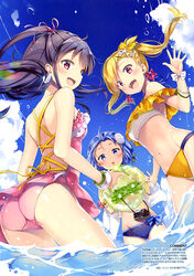  3girls :d :o absurdres ass backless_swimsuit ball bangle bare_shoulders beachball bikini black_hair blonde_hair blue_bikini blue_eyes blue_hair blue_sky blush bow bow_bikini bracelet braid breasts camera cloud day dress_swimsuit e_2 earrings english_text flower french_braid frilled_bikini frilled_one-piece_swimsuit frills hair_flower hair_ornament hair_ribbon hairbow highres holding holding_ball jacket jewelry long_hair looking_at_viewer looking_back magazine_scan medium_breasts multiple_girls natsume_eri navel one-piece_swimsuit open_mouth original outdoors pink_bow pink_eyes pink_one-piece_swimsuit pink_ribbon ponytail ribbon round_teeth scan shiny_skin sideways_mouth skindentation sky small_breasts smile star_(symbol) star_earrings swept_bangs swimsuit teeth translation_request twintails wading water waving white_bow white_flower white_jacket wrist_bow x_hair_ornament yellow_bikini yellow_bow 