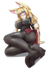  :o absurdres amino_dopple animal_ear_fluff animal_ears ass barefoot black_pantyhose blonde_hair blue_eyes blunt_bangs blush breasts clothes_lift commentary_request feet female foreshortening fox_ears full_body highres honami_mikura_(amino_dopple) impossible_clothes large_breasts legs long_hair looking_at_viewer lying on_side original pantyhose parted_lips pleated_skirt red_skirt semi-rimless_eyewear skin_tight skirt skirt_lift soles solo thighband_pantyhose toes transparent_background under-rim_eyewear 