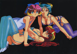  1990s_(style) 3girls absurdres age_difference all_fours aqua_eyes aqua_hair ass black_background blue_bow blue_bra blue_eyes blue_panties blue_thighhighs blush bow bra breasts carrera chemise collarbone corset crossed_arms curled_horns demon_girl demon_horns flat_chest from_side full_body garter_belt hair_between_eyes hair_spread_out hairbow hand_on_own_arm high_heels highleg highleg_panties highres horns lace-trimmed_bra lace-trimmed_legwear lace_trim legs lingerie long_hair looking_at_viewer lying medium_breasts mercedes_(viper) multiple_girls no_pupils official_art on_back panties parted_bangs parted_lips photoshop_(medium) pink_hair purple_bra purple_panties purple_thighhighs rati red_eyes red_hair retro_artstyle scan scan_artifacts shiny_skin shoes short_hair simple_background thighhighs thighs underwear underwear_only viper viper_gts yellow_horns 