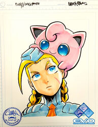  ahoge animal animal_on_head blonde_hair blue_eyes cammy_white crossover evolution_championship_series garrison_cap gen_1_pokemon hat huge_ahoge jeffrey_cruz jigglypuff marker_(medium) necktie on_head pokemon pokemon_(creature) pokemon_on_head portrait scar shoulder_pads smile street_fighter street_fighter_zero_(series) super_smash_bros. traditional_media turtleneck 