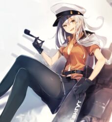  belt brown_eyes commentary_request cruel_gz female gangut_(kancolle) gangut_dva_(kancolle) gloves grey_hair hat jacket kantai_collection long_hair machinery miniskirt pantyhose peaked_cap pleated_skirt scar skirt smile smoking_pipe solo uniform 