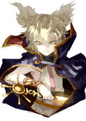  blonde_hair bracelet cape commentary_request earmuffs female fujinohara_akihira glowing glowing_sword glowing_weapon jewelry looking_at_viewer purple_cape sheath shirt short_hair sleeveless smile solo sword touhou toyosatomimi_no_miko unsheathing upper_body weapon white_background white_shirt yellow_eyes 