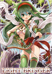  arrow_(projectile) bow_(weapon) breasts cisty commentary_request copyright_name cowboy_shot earrings elf fantasy female gloves green_eyes green_hair jewelry large_breasts lightbringer long_hair necklace open_mouth partially_fingerless_gloves pointy_ears thighhighs weapon yugake yuu_(yuyukaikan) 