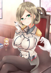  admiral_(kancolle) bad_id bad_pixiv_id between_breasts breast_hold breasts brown_hair chair commentary_request crossed_legs desk fairy_(kancolle) female folded_ponytail glasses gloves green_eyes grey_hair kantai_collection katori_(kancolle) large_breasts looking_at_viewer military military_uniform miniskirt necktie neneru on_desk oto_152mm_triple_rapid_fire_gun_mount pantyhose pencil_skirt pointer revision riding_crop sitting skirt smile solo_focus uniform white_gloves window 