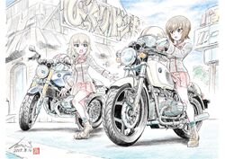  2girls ankle_boots artist_name bikkuri_donkey black_footwear black_jacket black_socks blush bmw boots brown_eyes brown_hair building closed_mouth cloud cloudy_sky commentary cross-laced_footwear dated day dress_shirt frown girls_und_panzer helmet highres holding itsumi_erika jacket kubota_shinji kuromorimine_military_uniform lace-up_boots long_hair long_sleeves looking_at_another military military_uniform miniskirt motor_vehicle motorcycle motorcycle_helmet multiple_girls nishizumi_maho on_motorcycle open_mouth outdoors pleated_skirt red_shirt red_skirt riding shirt short_hair signature sitting skirt sky socks standing sweatdrop translation_request uniform vehicle_request watermark 