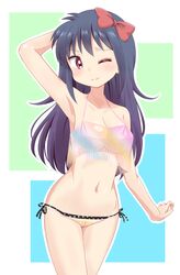  ageha_(kyoukai_no_rinne) armpits bare_shoulders bikini black_hair breasts cleavage female kyoukai_no_rinne long_hair midriff navel one_eye_closed purple_eyes ribbon simple_background smile solo swimsuit underboob wink 