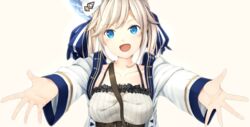  beret blonde_hair blue_eyes breasts collarbone colorized commentary_request cucouroux_(granblue_fantasy) female granblue_fantasy hat highres hiraba_6018 large_breasts long_sleeves open_mouth outstretched_arms reaching reaching_towards_viewer ribbon simple_background solo twintails 