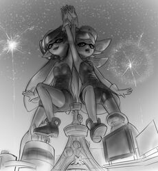  alloyrabbit animal_humanoid callie_(splatoon) cephalopod cephalopod_humanoid clothed clothing duo female gloves handwear humanoid inkling low-angle_view macro marie_(splatoon) marine marine_humanoid mollusk mollusk_humanoid monochrome nintendo pseudo_hair splatoon squid_sisters_(splatoon) tentacle tentacle_hair 