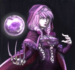  breasts detached_sleeves gothic_lolita hood lipstick lolita_fashion makeup namco purple_lipstick solo soul_calibur soulcalibur_v twin_drills viola_(soulcalibur) white_hair 