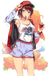  aida_takanobu aqua_eyes baseball_cap blush brown_hair commentary_request female fish food grey_shorts hat hiroshima_touyou_carp ice_cream jacket looking_at_viewer mouth_hold nippon_professional_baseball original short_hair shorts smile solo spoon tank_top 