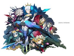  1boy 3girls armor bad_id bad_twitter_id black_armor blonde_hair cornelius_(odin_sphere) crystal gwendolyn_(odin_sphere) highres knife mercedes_(odin_sphere) mikurou_(nayuta) multiple_girls odin_sphere oswald_(odin_sphere) polearm pooka_(odin_sphere) rabbit spear sword velvet_(odin_sphere) weapon white_hair 