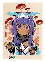  ? alternate_color alternate_costume animal_ears arm_guards bow breasts cleavage closed_mouth commentary_request cosplay dark-skinned_female dark_skin facial_mark fate/grand_order fate_(series) female fingernails flower green_bow hair_between_eyes hairband hairbow hands_up haori jackal_ears japanese_clothes kimono koha-ace long_hair long_sleeves medium_breasts nitocris_(fate) okita_souji_(fate) okita_souji_(koha-ace) okita_souji_(koha-ace)_(cosplay) oversized_clothes pink_flower purple_eyes purple_hair red_flower shinsengumi solo sweatdrop translation_request wavy_mouth white_kimono wide_sleeves yuuzii 