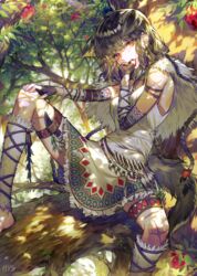  animal_ears ankle_wrap barefoot black_gloves black_hair braid breasts commentary_request dappled_sunlight day female fingerless_gloves forest gloves hayanse highres knee_up knife_sheath long_hair looking_at_viewer medium_breasts native_american nature oerba_yun_fang open_mouth original outdoors sheath shirt sideboob sitting sleeveless sleeveless_shirt sunlight teeth thigh_strap tree tribal very_long_hair white_shirt wolf_ears 