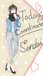  black_hair brown_eyes casual checkered_pants commentary_request contemporary crossed_legs denim denim_jacket english_text female high_heels highres jacket long_hair m.u.g.e.n no_legwear one_eye_closed original pants rion_(glayjirobass) scar scarf sendai_hakurei_no_miko solo standing touhou 