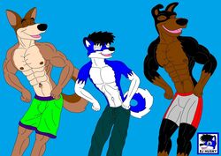  anthro buster_(lady_and_the_tramp) canid canine canis clothed clothing disney dobermann domestic_dog german_shepherd group herding_dog lady_and_the_tramp male mammal muscular nipples pastoral_dog pinscher thunderbolt topless 