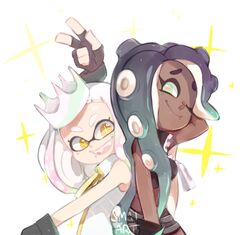  2girls black_gloves black_hair commentary_request crop_top crown dark-skinned_female dark_skin fangs fingerless_gloves gloves green_eyes inkling long_hair marina_(splatoon) multiple_girls octoling pearl_(splatoon) sami_briggs short_hair simple_background sparkle splatoon_(series) splatoon_2 tentacle_hair v white_background white_hair yellow_eyes zipper_pull_tab 