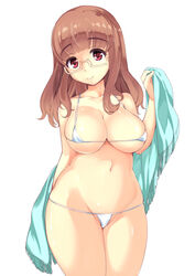  bare_shoulders bikini breasts brown_hair collarbone curvy female girls_und_panzer glasses groin holding large_breasts long_hair mario_(mario_portal) micro_bikini navel red_eyes semi-rimless_eyewear shawl shiny_skin simple_background skindentation smile solo swimsuit takebe_saori under-rim_eyewear white_background white_bikini 