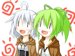  2girls :d ahoge blush breasts commentary_request duel_monster green_hair jacket kazami_ren_(fuushagoya) long_hair lyna_(yu-gi-oh!) lyna_the_light_charmer medium_breasts multiple_girls open_mouth ponytail ribbon short_hair smile white_hair wynn_(yu-gi-oh!) wynn_the_wind_charmer yu-gi-oh! |_| 