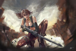  bikini blue_sky boots breasts brown_hair canyon cleavage collarbone commentary_request female front-tie_bikini_top front-tie_top full_body gloves gun highres koloromuj large_breasts long_hair looking_at_viewer metal_gear_(series) metal_gear_solid_v:_the_phantom_pain navel on_one_knee outdoors pantyhose photoshop_(medium) ponytail quiet_(metal_gear) rifle scope sky sniper_rifle solo squatting suspenders swimsuit torn_clothes torn_pantyhose weapon 