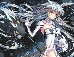  armor brooch closed_mouth code:_battle_seraph_(elsword) commentary_request covered_navel cowboy_shot crystal detached_collar detached_sleeves elsword eve_(elsword) expressionless eyelashes facial_mark faulds female flat_chest floating_hair forehead_jewel gem glowing grey_hair hair_between_eyes jewelry lace-trimmed_sleeves lace_trim lens_flare leotard long_hair long_sleeves moby_(elsword) remy_(elsword) robot solo strapless strapless_leotard very_long_hair wataru_kuri white_hair yellow_eyes 