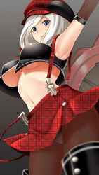  alisa_ilinichina_amiella alisa_ilinichina_amiella_(cosplay) arm_up armpits black_footwear black_pantyhose boots breasts commentary_request cosplay crop_top elbow_gloves female from_below gloves god_eater hat highres large_breasts looking_at_viewer midriff navel panties panties_under_pantyhose pantyhose photoshop_(medium) plaid plaid_skirt short_hair sin_(kami148) skirt solo suspender_skirt suspenders thigh_boots thighhighs underboob underwear upskirt white_hair 